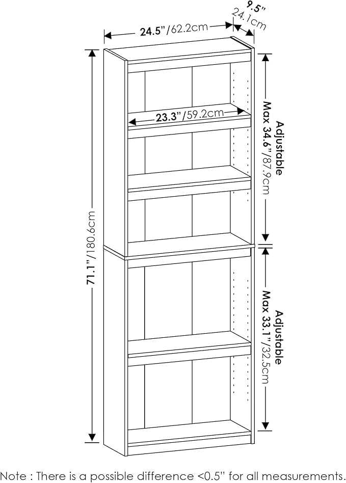 Furinno JAYA Book Shelf, 5-Tier Bookshelf, Enhanced Home Bookcase