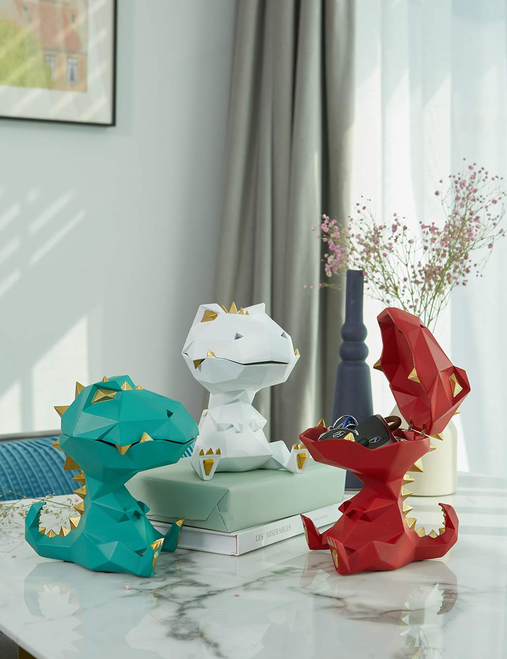 HAUCOZE Dinosaur Candy Dish Cookie Jar Storage Statue Modern Home Decor Sculpture Table Centerpiece Gift for Living Room Red 7.5 Inch