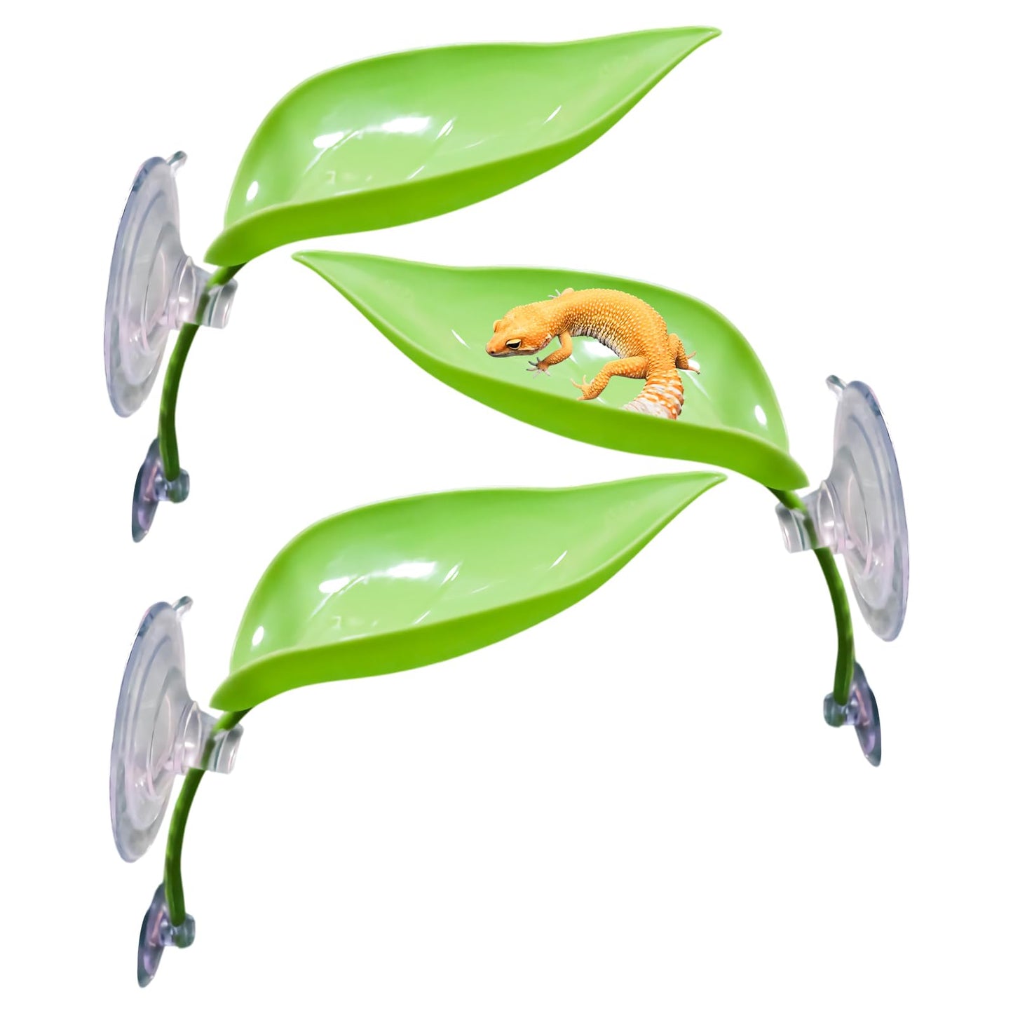 MHLLGN 3 Pack Plastic Leaf Decorations with Suction Cups, Gecko Tank Accessories, Reptile Terrarium Decorations for Crested Geckos, Leopard Geckos