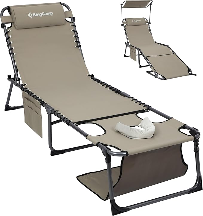 KingCamp Lounge Chair with face Hole & Canopy Shade, 400LBS Folding Portable