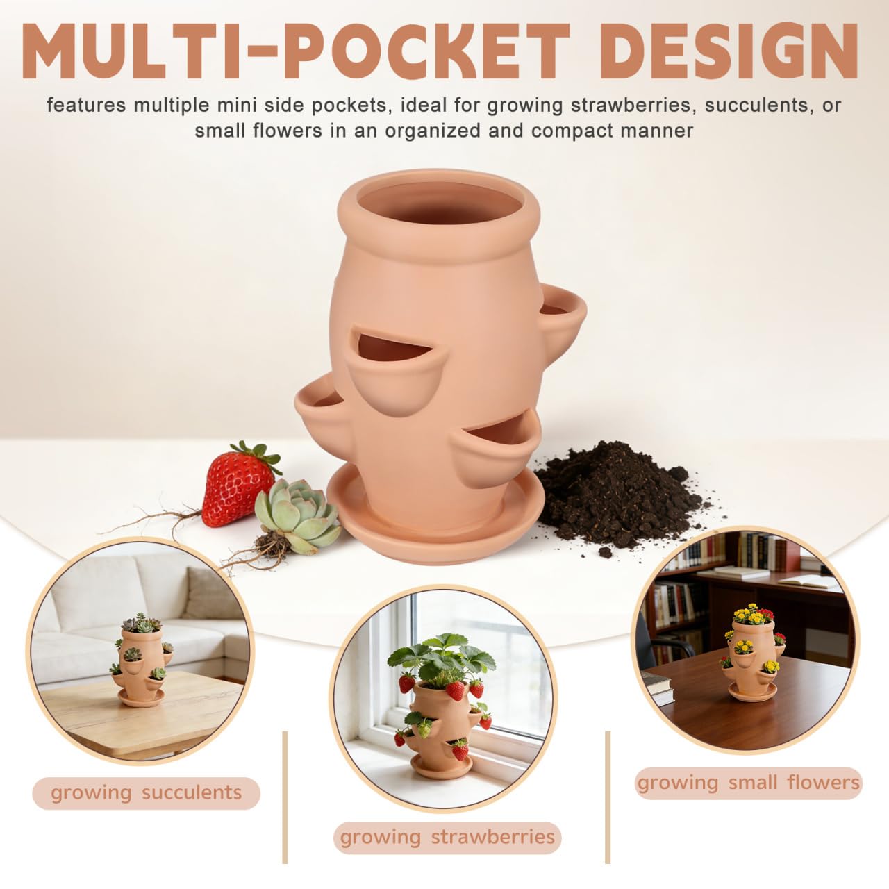 CAXUSD Ceramic Strawberry Tower Planter Pot with Multi Mini Pockets for Succulents and Small Plants Lightweight Indoor Outdoor Decorative Garden Flower Container 5.91X7.48X5.91 Inches