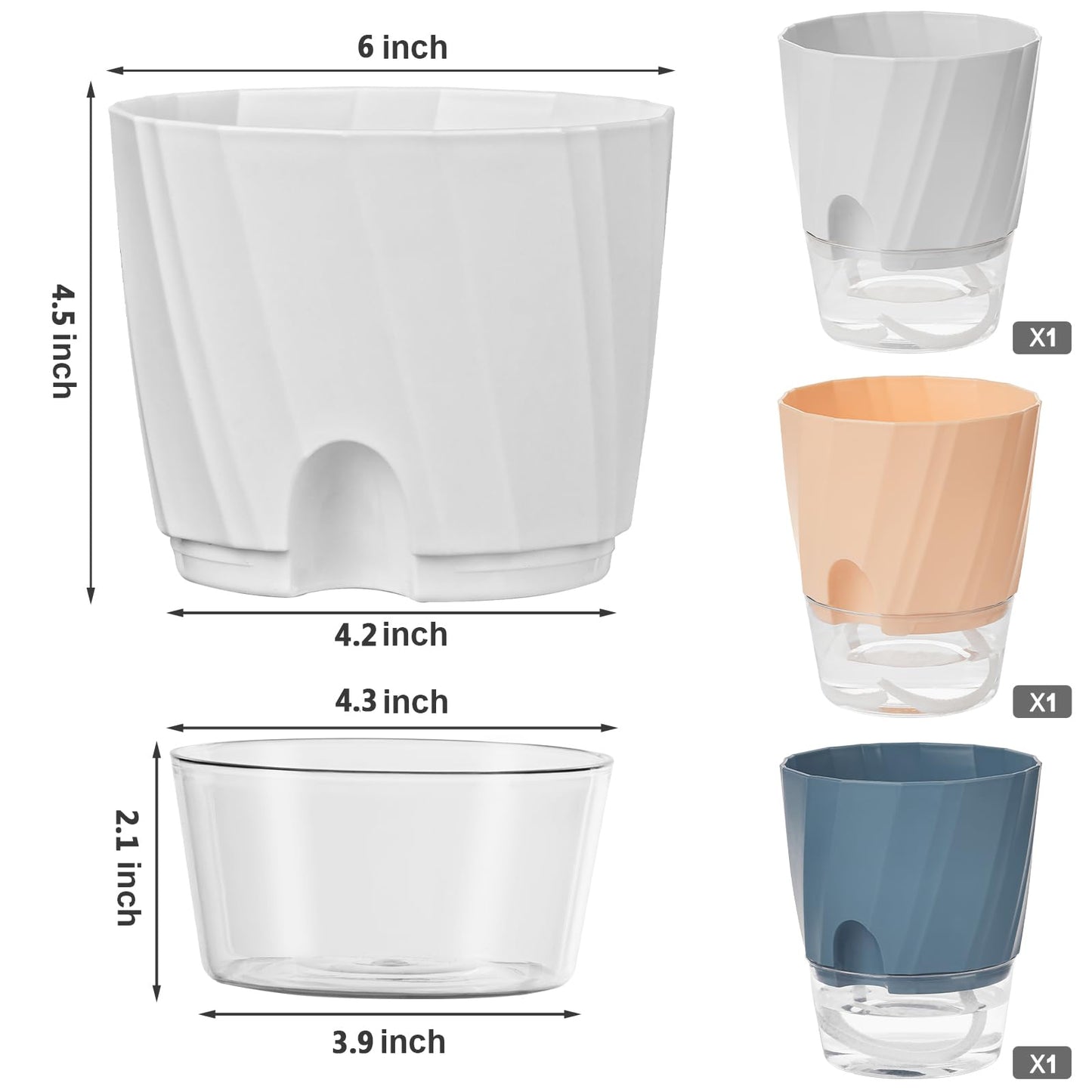 Self Watering Plant Pots 6 Inch, 3 Pack Plastic Indoor Planters with Wick Rope and Reservoir, Decorative Flower Pots for Spider Plant, Orchid, African Violet, Home Office Decor (White, Pink, Blue)