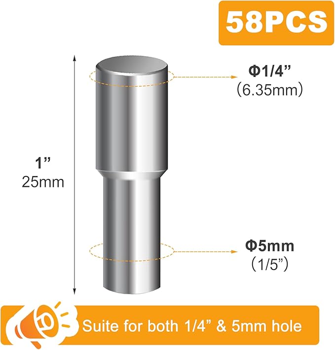 58 Pcs Shelf Pegs Pins, 5mm 1/4 Inch Dual Diameter Metal Shelf Support Pegs