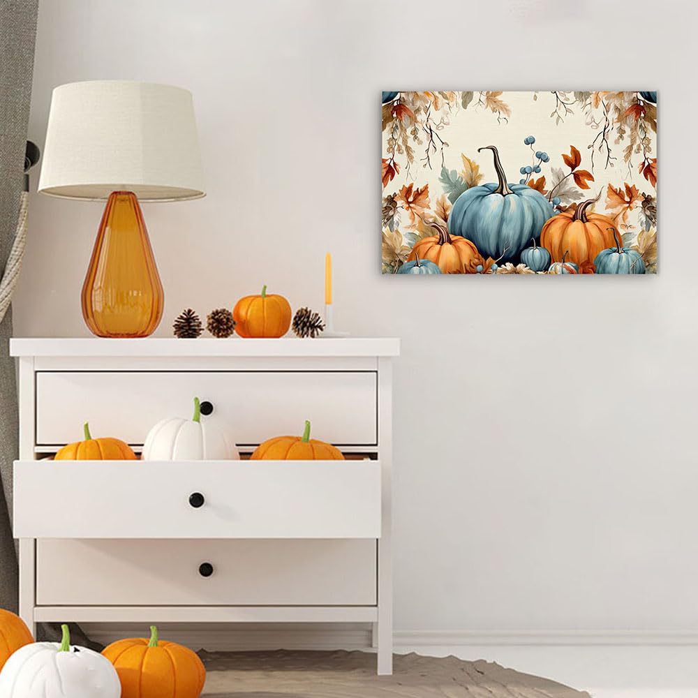 QIXIANG Fall Pumpkin Wall Art Autumn Harvest Orange Blue Pumpkin Canvas Prints Thanksgiving Pictures Bedroom Wall Decor Frame (Pumpkin E, 12.00" x 18.00")