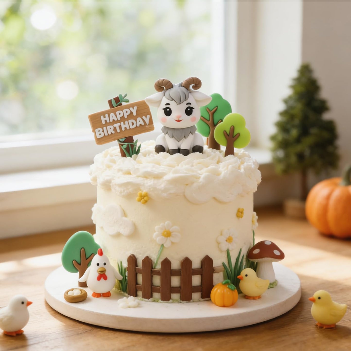 Rustic Farm Theme Cake Decorations Set - "Happy Birthday" Sign, Goat Figurine, Tree Accents, Chicken & Resin Pumpkin Decor, Grass & Fence & Mushroom Accessories, Premium Soft PVC Dessert Toppers