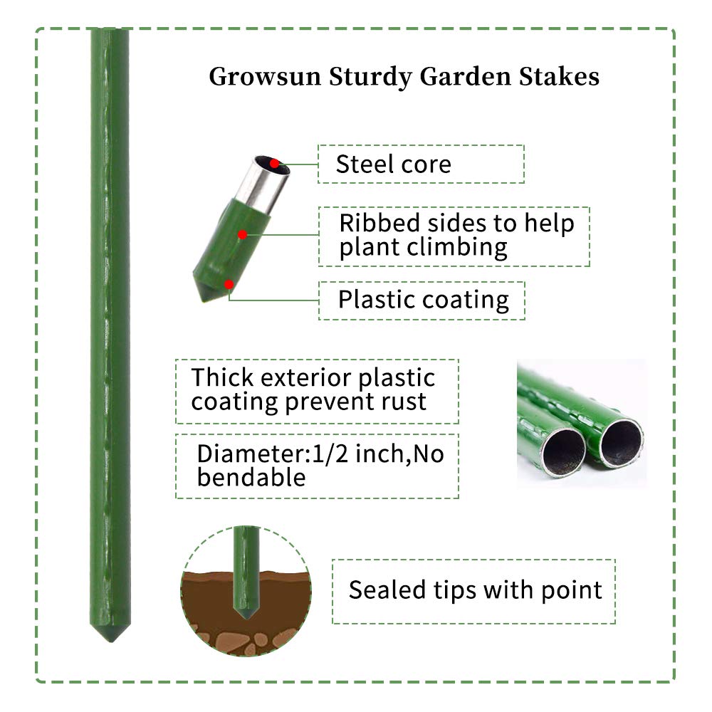 Growsun Tomato Stakes 5ft Metal Plastic Coated Garden Stakes Plant Cage Supports Treills Climbing for Tomatoes,Trees,Cucumber,Fences,Beans,25 Pack