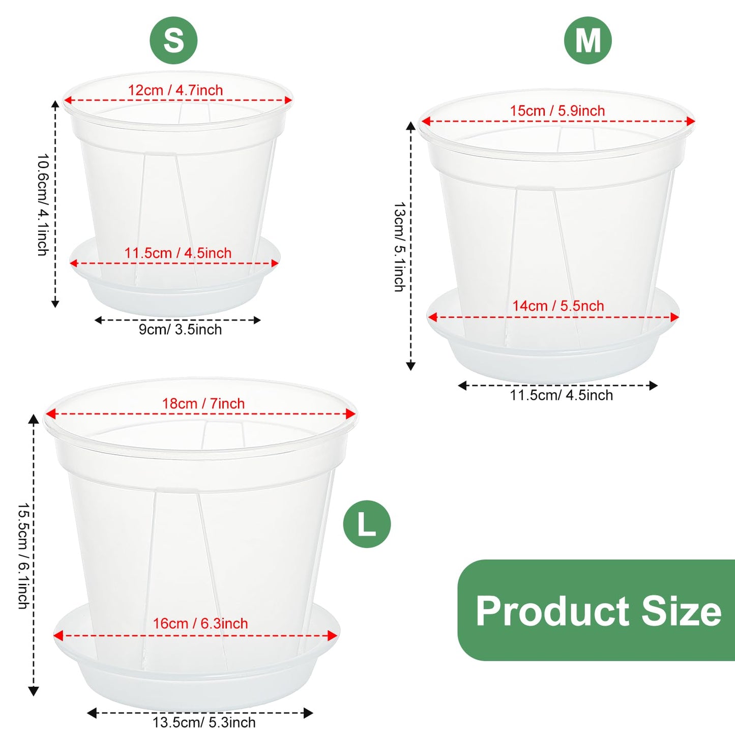 IWNTWY Plant Pots 7/6/4.7 Inch Set of 6, Clear Plastic Nursery Pots with Drainage Holes and Saucers, Flowers Planter Pots for Indoor Outdoor Plants (Variety Size, Clear)