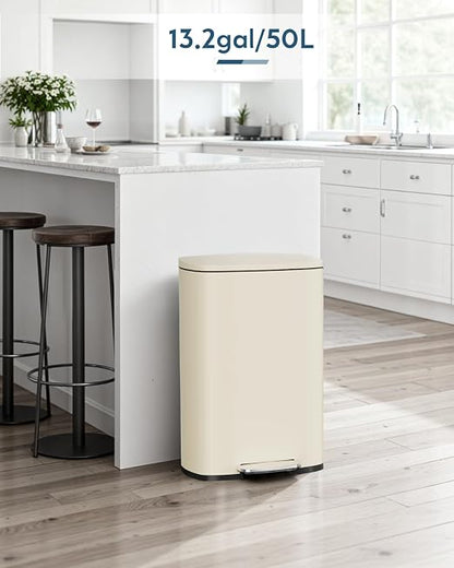 Arlopu 13.2+1.3 Gallon Step Trash Can, Stainless Steel Garbage Bin, Soft-Close Rubbish Bin with Removable Plastic Inner Bucket, Fingerprint-Proof, Lid Dustbin, for Kitchen Home (Beige)