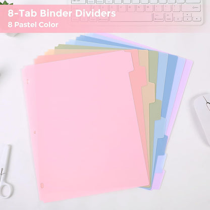 SKYDUE Durable Plastic 8-Tab Dividers, Big Tab Dividers for 3 Ring Binder, Write&Erase 3 Ring Binder Dividers with Tabs,with Sticker Labels, 1 Set, Pastel Color