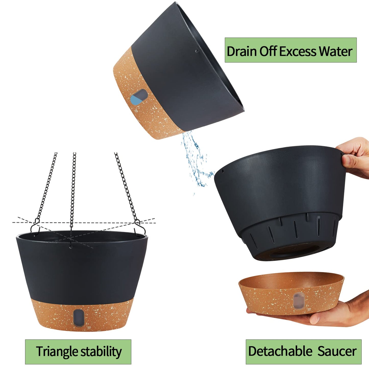 WIZROL 2 Pack Hanging Planters for Indoor Outdoor Plants, 10 Inch Hanging Flower Pot Basket with Drainage Hole with Removable Tray&Hooks Self Watering Plant Pot for Hanging Plants, Dark Grey