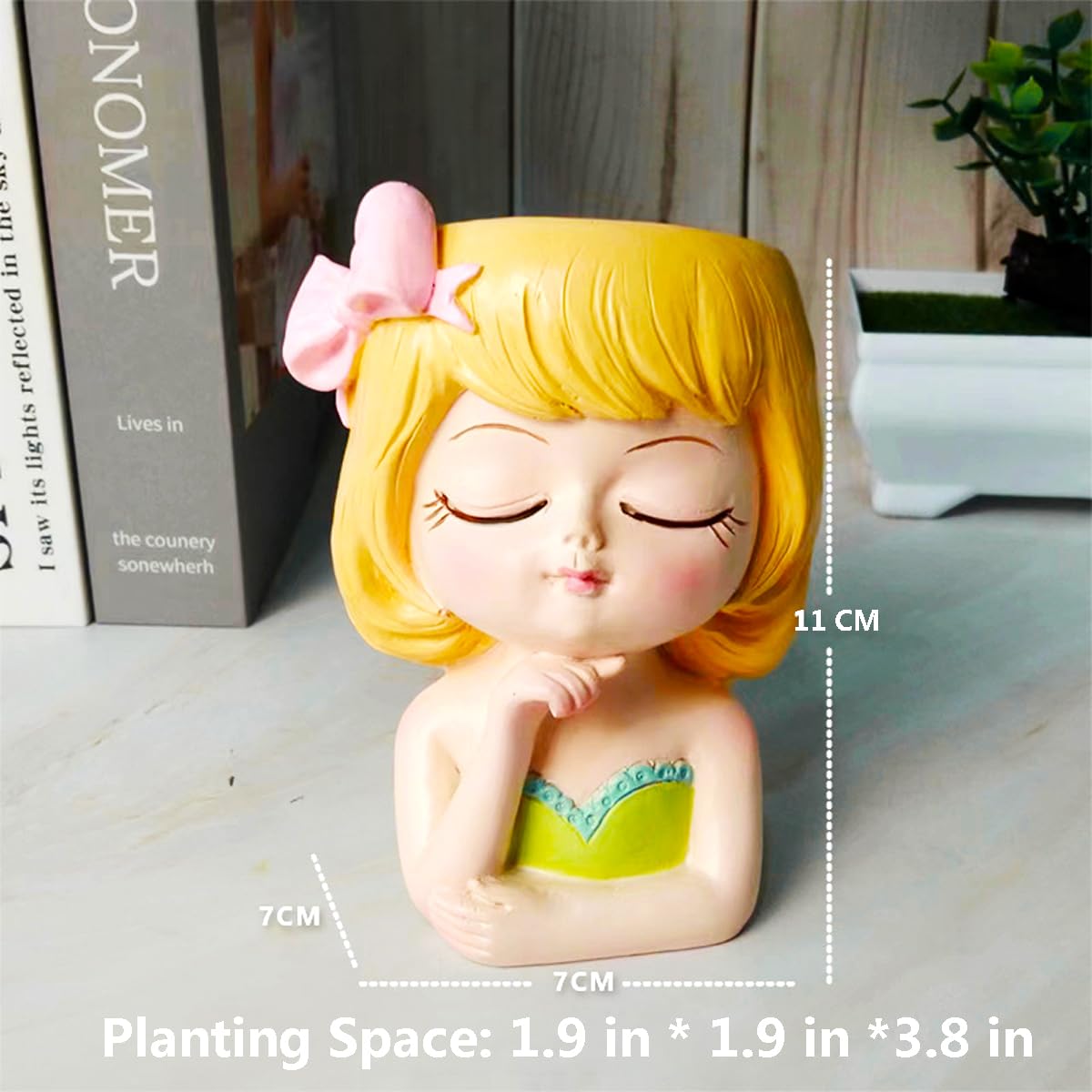 Cute Head Planter Pot Resin Succulent Planter Little Girl Flower Pot, Human Face Cactus Plants Container Bonsai Holder Thumb Pot Fairy Figurine Statue Planters with Drainage Decor Gift (Yellow)
