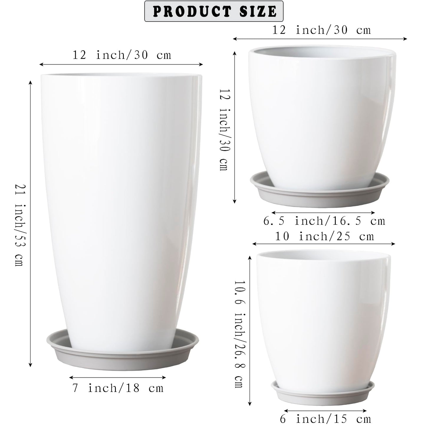 Tall Round Plant Pots with Drainage Holes & Saucer Plastic Decoration Planters for Indoor & Outdoor Garden Home Plants,White Flower Pots 3 Pack 11"/12"/21" H