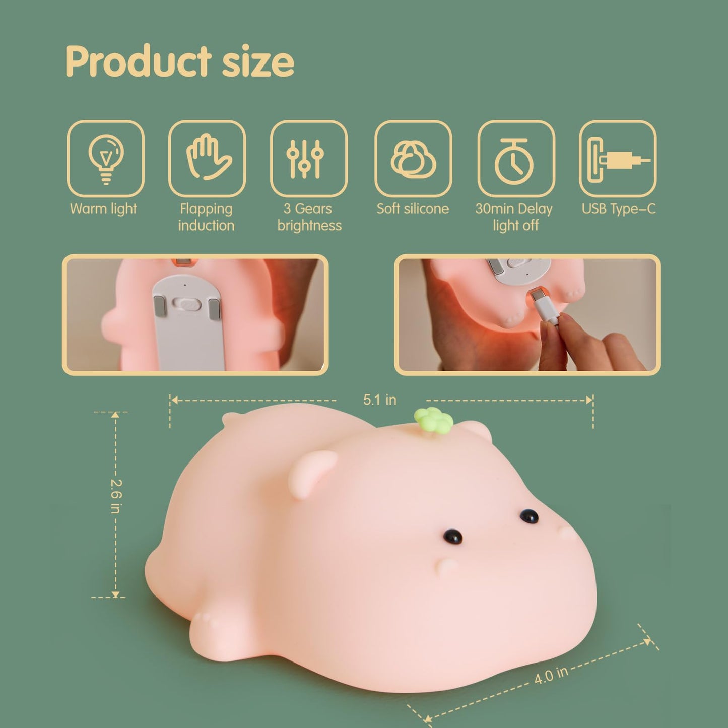 VTIGER Pink Hippo Night Light, LED Squishy Cute Lamp, Night Light for Kids, Silicone Hippo Light, Dimmable Girls Baby Bedroom Nightlight, Rechargeable Touch Lamp for Breastfeeding Nursery Decor