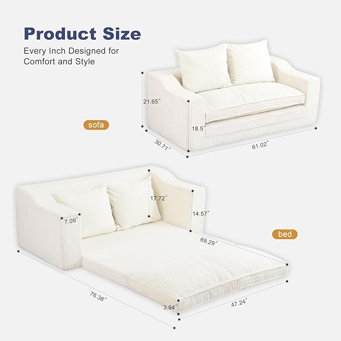 61" Convertible Sofa Bed Loveseat, Memory Foam Boneless Floor Couch