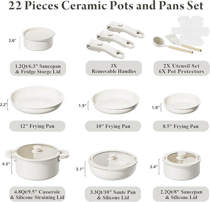 Bazova 22-Piece Pots and Pans Set Non Stick with Removable Handles, Ceramic Cookware Set, Large-Capacity & Non Toxic, Induction & RV Compatible, Dishwasher Safe, PFAS/PTFE/PFOA Free, White