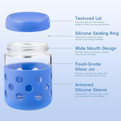 Gemice 6-Pack 16 oz Overnight Oats Containers with Lids and Silicone Sleeves, Glass Mason Jars with Airtight Lid, Dishwasher Safe, Wide Mouth Chia Seed Pudding Meal Prep Jar for Yogurt Berries Snack