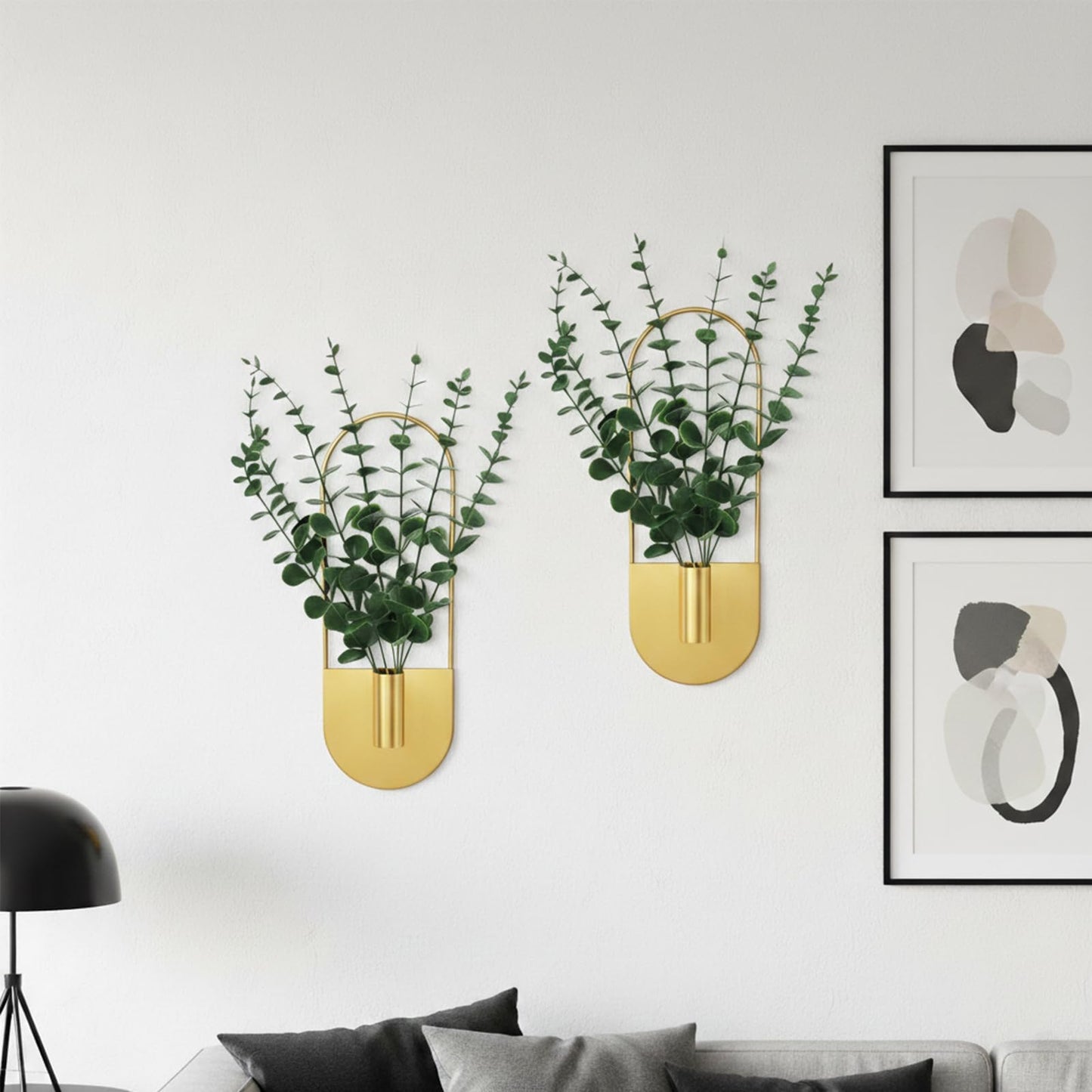 Nacidooka 2 Pcs Boho Wall Decor Hanging Planters with Artificial Eucalyptus Wall Plant Holder for Indoor Plants, Metal Hanging Vase Modern Art for Home Bathroom Living Room Hallway Office(Gold)