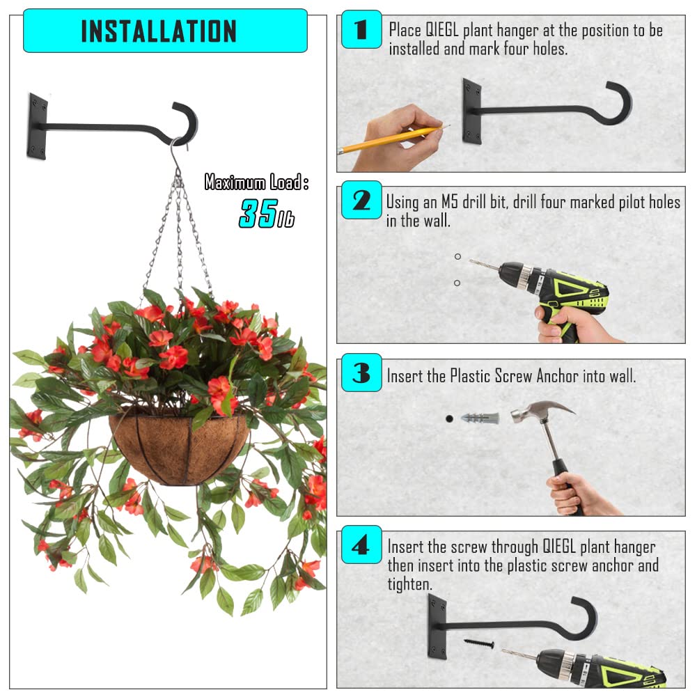 QIEGL 10inch Heavy Duty Plant Hangers Outdoor or Indoor Bird Feeder Hanger Shepherd Hooks 2pcs Black Metal Wall Hook for Hanging Plant Bracket, Lantern, Flower Basket, Wind Chimes