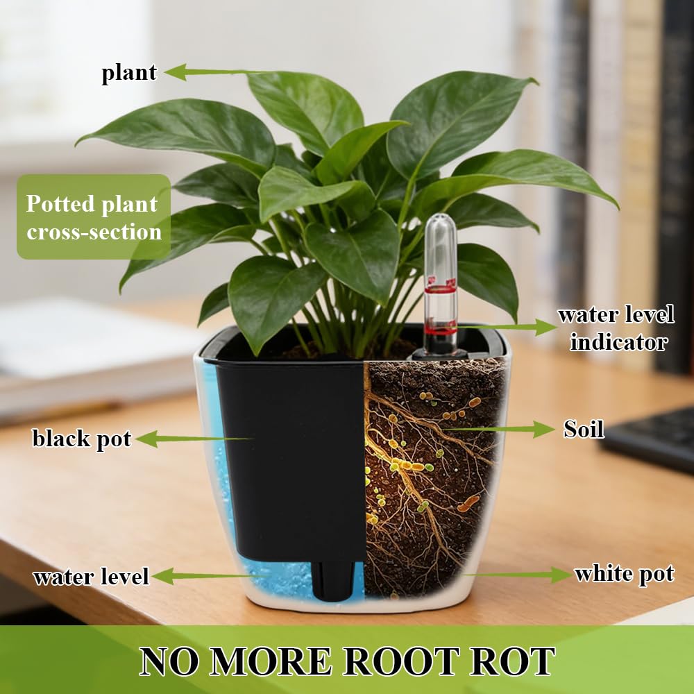 SIBAO 6 Pcs Self Watering Pots with Water Level Indicator, 5 inch Plastic Decorative Planter Nested Container for Indoor/Outdoor Plants,Seedlings,Flowers,Aloe(White)