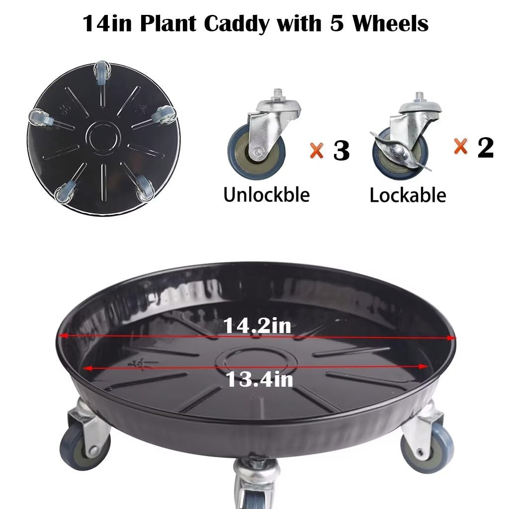ARTLINE Round Plant Stand with Lockable Wheels, Heavy Duty for Indoor Outdoor, Large Rolling Dolly Planter Caddy on Casters to Carry Potted Flower Pot, Round Metal Tray NO Holes, Black
