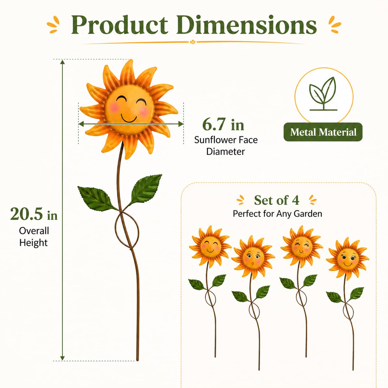WKHOMEDECO 4 Pack Smiley Sunflower Decorative Garden Stakes, 20.5 Inch Metal Flower Garden Stakes for Outside, Yard Art Outdoor Decor for Lawn Planter Porch Patio