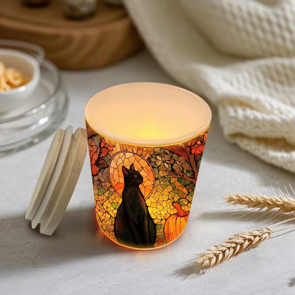Cute Black Cat Tea Light Holder, Moon and Pumpkin Glass Jar Candle Holder, Home Decor Tea Light Jar, Great Gift for Friends, Mom, Wife
