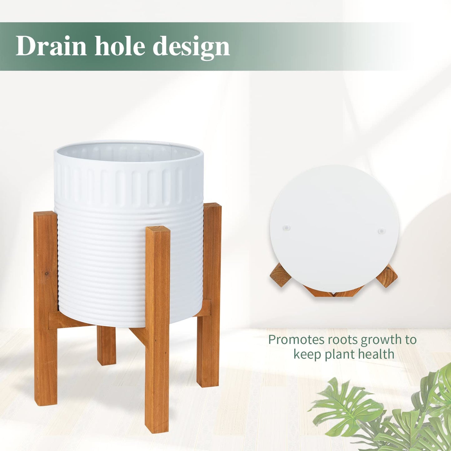 Chonsun 2-Piece White Metal Planter Set with Wood Stand, Indoor Mid Century Modern Planters with Drainage, 8" & 10"