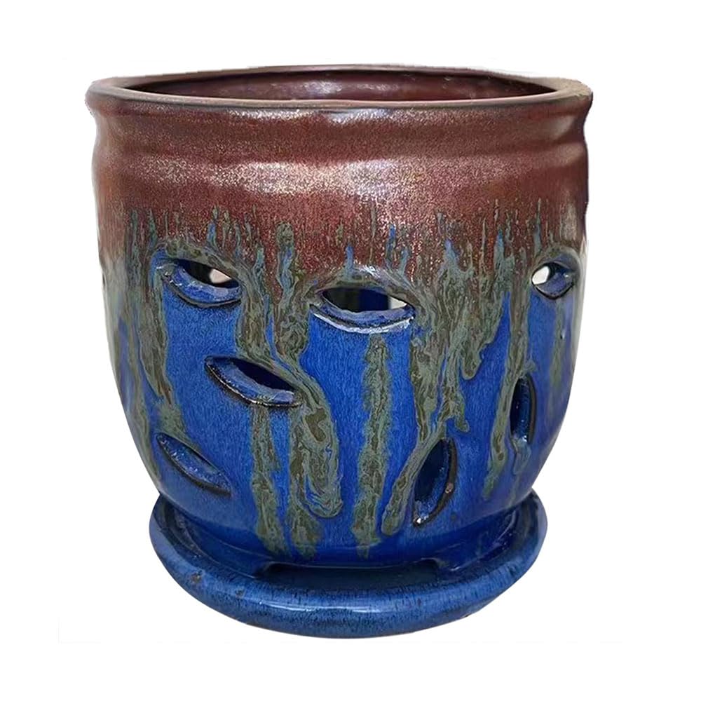 Fowargif Large 6inch Ceramic Orchid pots with Holes, Flower Pot with Saucer for Indoor Plants Home Decorative, Round Planter (Blue+Golden Brown)