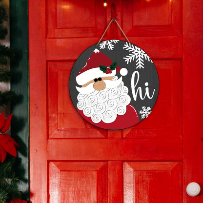 Snowflake Santa Merry Christmas Welcome Sign - Santa Christmas Door Hanger - Hello Winter Round Wooden Decor for Tree, Front Door, Porch, Wall, Party Decorations, 8X8 Inches -A20