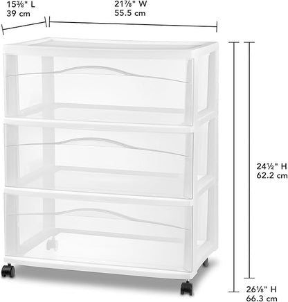 Sterilite Wide 3-Drawer Cart, Plastic Storage Organizer Drawers with Wheels, White - Rolling Multipurpose Bins for Dresser, Closet, Cabinet, Bedroom, Bathroom, and Office Organization