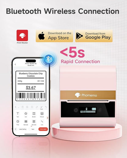 Phomemo Label Printer -M260 Address Label Maker Machine with Tapes,Bluetooth Thermal Label Printer, for Gift Decoration,Name Tag,Barcode,Logo, Easy to Use with Phones& PC - Pink