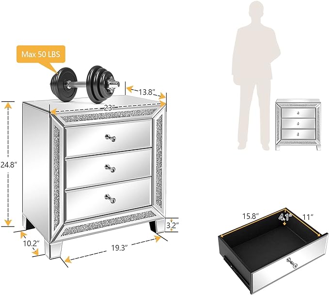 VINGLI Mirrored Nightstands Set of 2, Modern Bedside Table 3 Drawer Glass Side