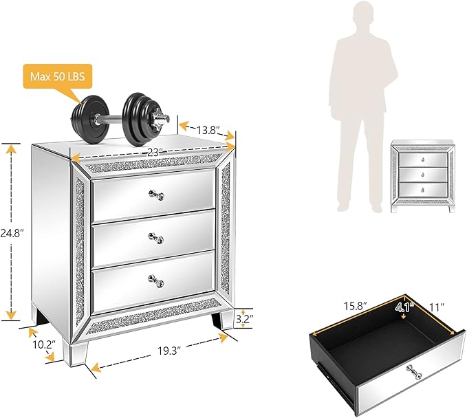 VINGLI Mirrored Nightstand Glass End Table, Mirrored Bedside Table