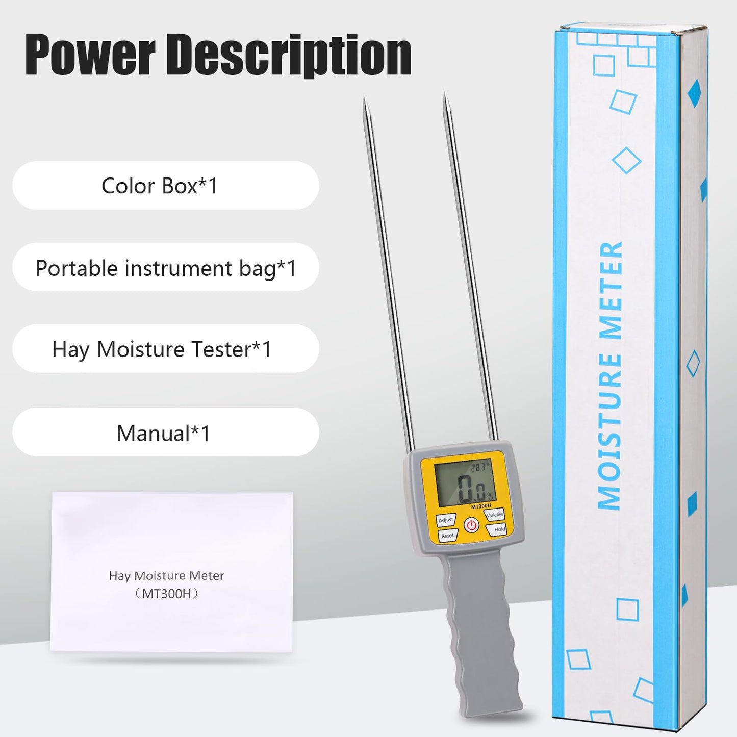 Hay Moisture Tester – Portable Dual Probe Hay Moisture Meter with Temperature & Humidity Compensation – For Hay Bale, Forage Grass, Alfalfa, Pennisetum Hydridum & Leymus Chinensis Moisture Tester