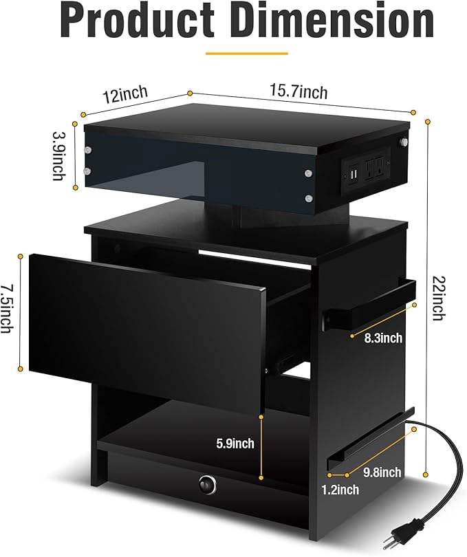 Nightstand with Induction Light & Side Charging Station, Modern Bedside Table
