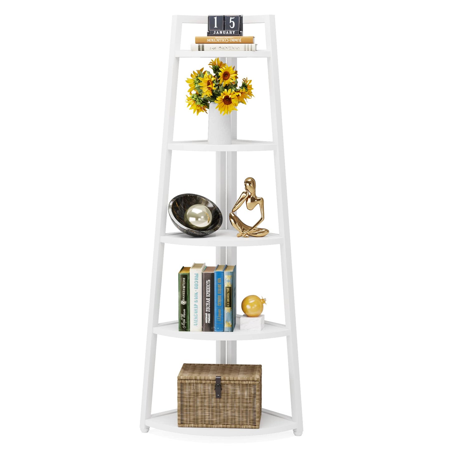 Tribesigns 70 inch Tall Corner Shelf, 5 Tier Modern Corner Bookshelf Bookcase Industrial Corner Ladder Shelf Plant Stand for Living Room, Kitchen, Home Office (White)