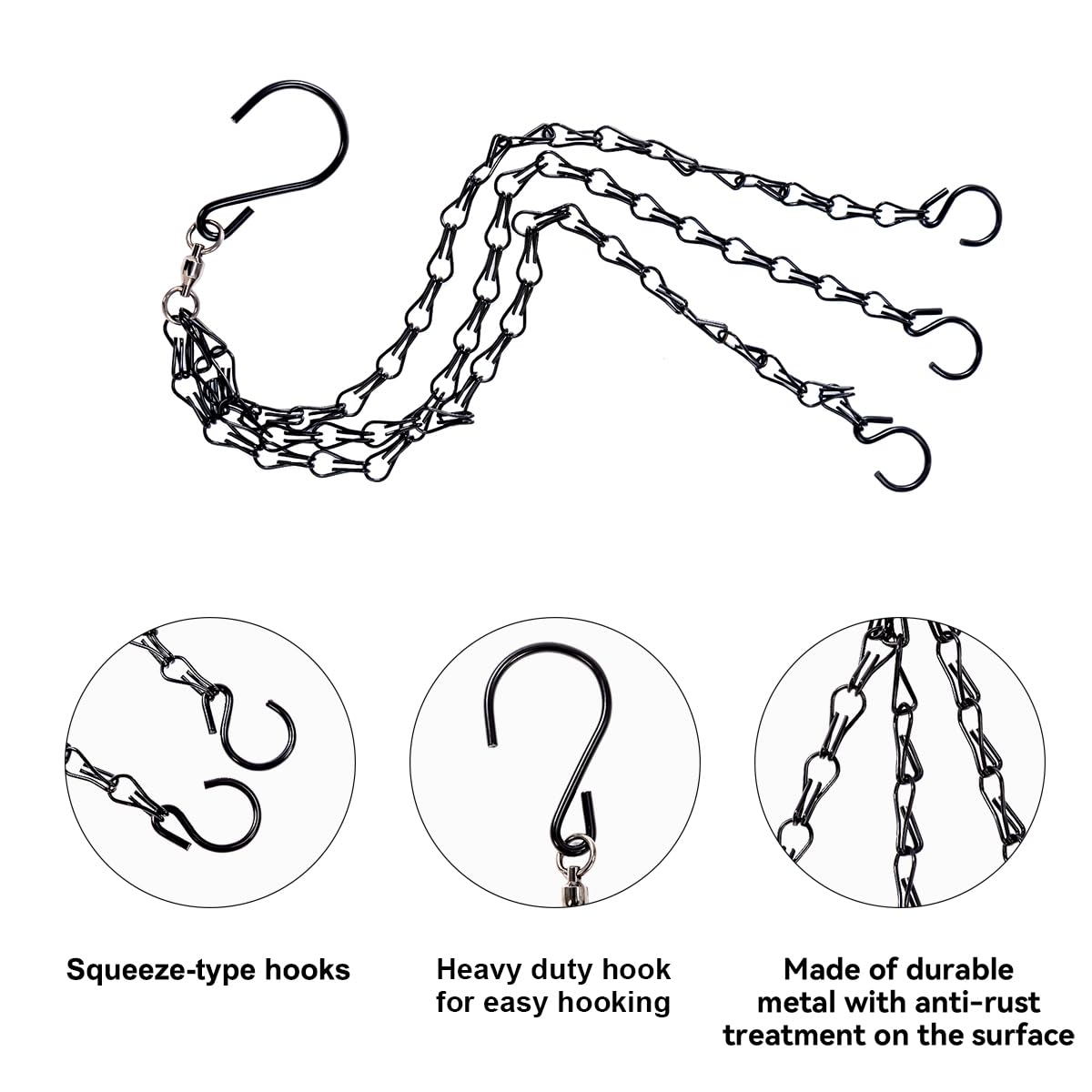 Heybe Update 360 Degree Swivel Hanging Basket Chains,3 Point 20 Inches Hanging Plant Chain and Hook, Black Plant Hangers, Pack of 3 (3 Point)