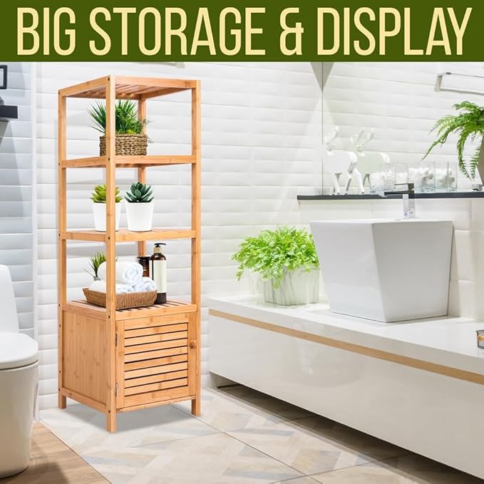 SereneLife 5-Tier Bamboo Bathroom Storage, Corner Slim Rack Cabinet Organizer