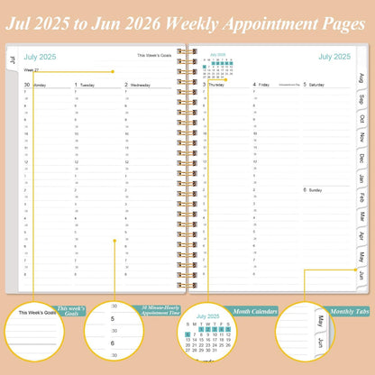 2025-2026 Appointment Book & Planner - 2025-2026 Daily Hourly Planner from July 2025 - June 2026, Weekly Appointment Book with 30-Minute Interval, Medium 6.4" x 8.5", Rose Leaf