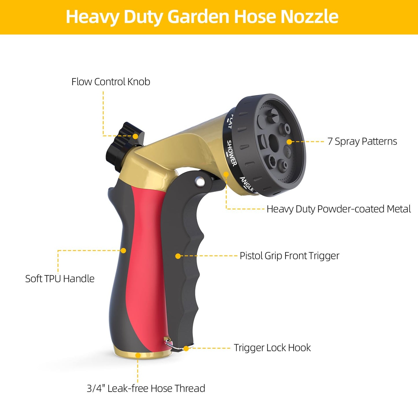 Metal Garden Hose Nozzle with 8 Spray Patterns, Full Shower Sprayer Nozzle with Thumb Control for Outdoor Lawn & Plant Watering, Car & Pet Washing, Red