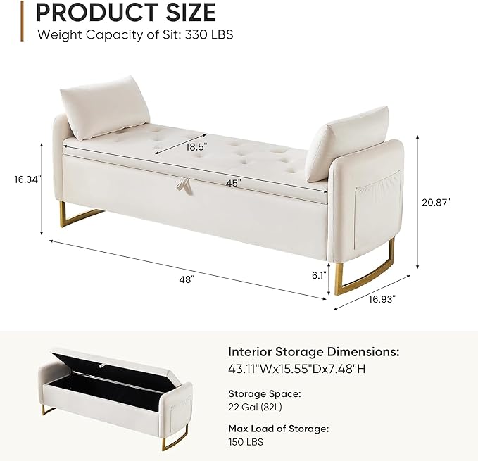 48" End of Bed Bench, Modern Storage Benches