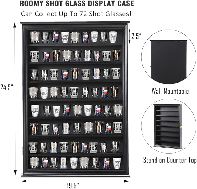 Shot Glass Storage Display Case Large Solid Wood Cabinet Rack Holder Wall