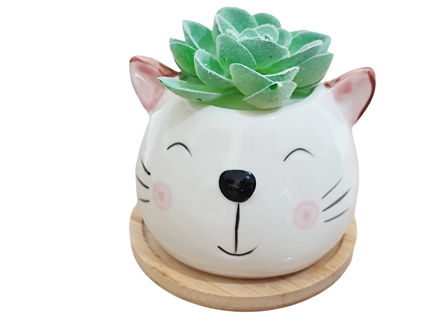 Cuteforyou Cute 3.5 Inches Indoor Cartoon Animal Cat Shaped Ceramic Succulent Cactus Flower Plant Pots with Bamboo Tray-Plant Not Included (White)
