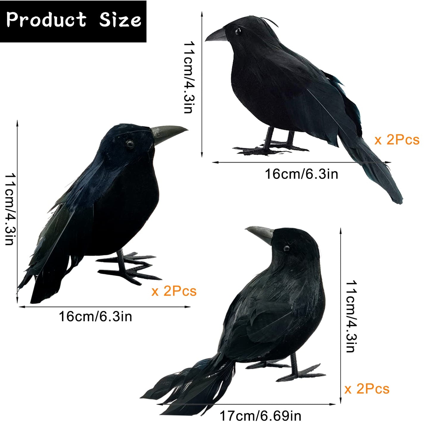 6 Pieces Halloween Black Feathered Crows - Realistic Handmade Ravens for Indoor Outdoor Decoration, 3 Styles