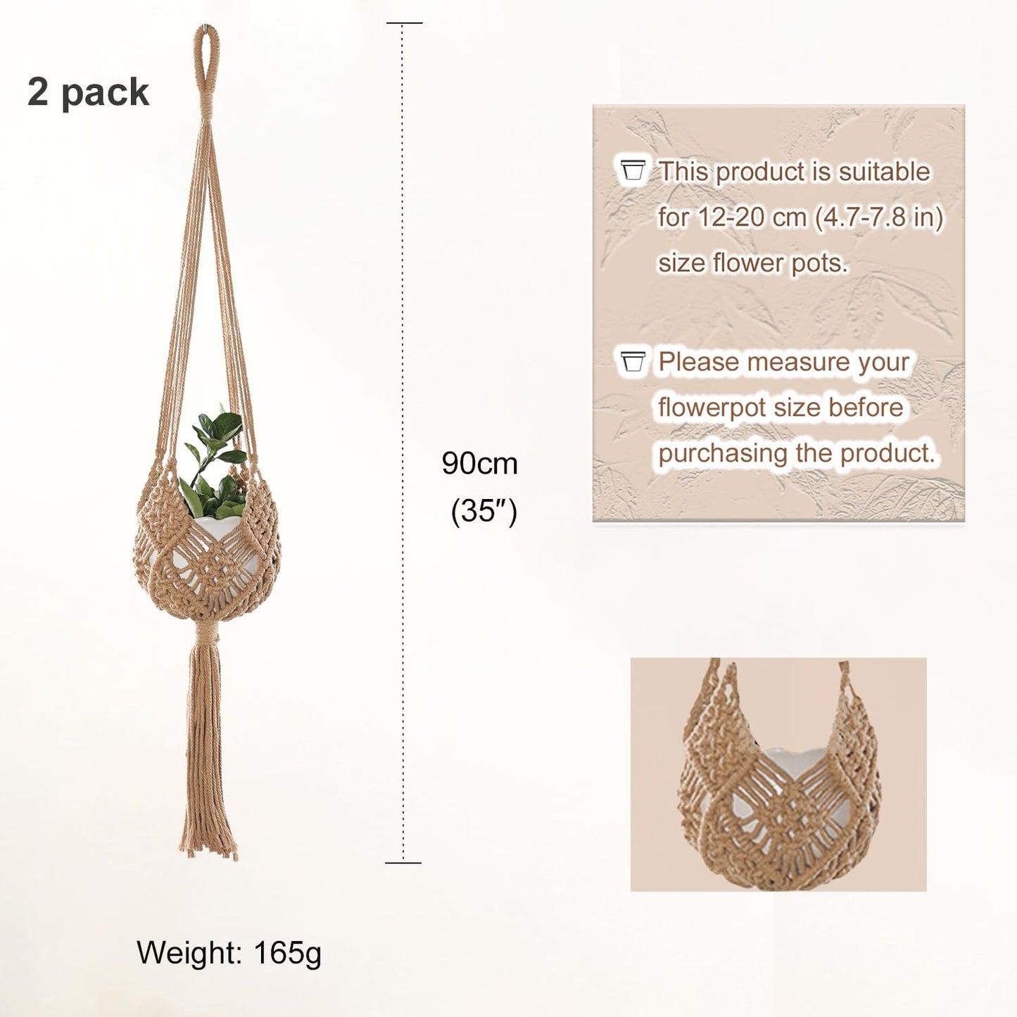 zuduoeoa 2-Pack Macrame Plant Hangers, Jute Hanging Planters for Indoor Plants for up to 8 Inch Pot Hanging Baskets Boho Plant Holder Basket for Outdoor Home, Handwoven, 35 Inchs