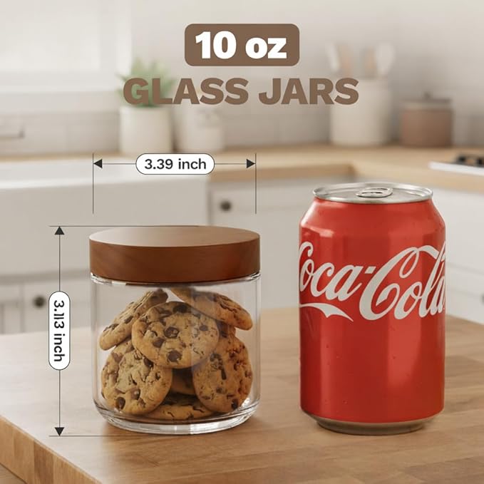 Bumobum 10 oz Glass Mason Jars with Lids, Glass Container with Acacia Wood Airtight Lid, Wide Mouth Canisters for Chia Pudding Loose Tea Coffee Meal Prep Parfait Salad Snacks Yogurt Spice, 12-Pack