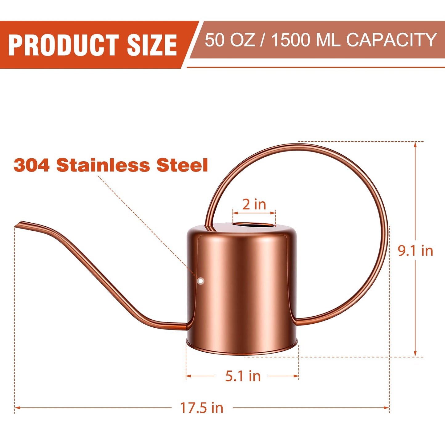 Plant Watering Can, 50 oz / 1500 ml Stainless Steel Metal - Modern Decorative with Long Spout for Indoor Potted Plants, Bonsai, Garden Flowers, Copper