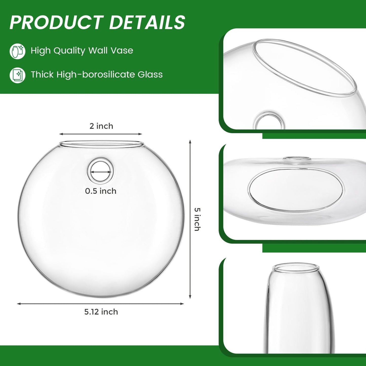 DomeStar 2PCS Wall Flower Vases, Wall Hanging Glass Planter Propagation Station Mounted Vases for Hydroponics Plants Propagation Living Room Office Home Decor (5 inch)
