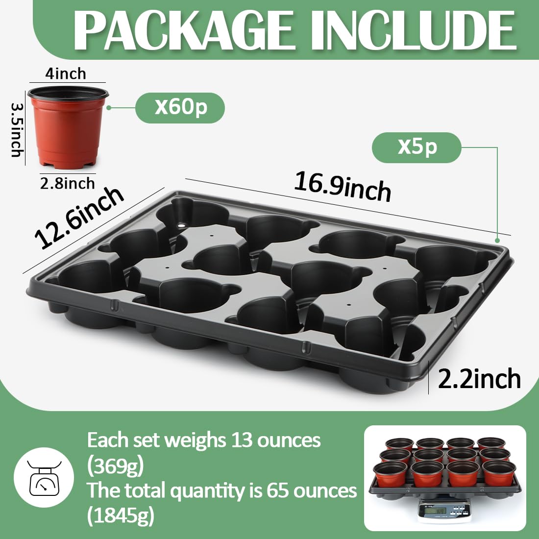 RooTrimmer 4 inch Round Nursery Pots 60pcs, 12 Cell Nursery Pots Trays 5 Pcs, Sturdy Seeds Starting Germination Shuttle Carrying Trays, Small Planter Nursery Propagation 5 Sets