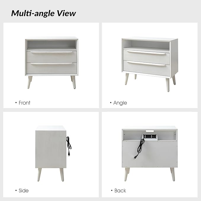 HULALA HOME End Table with Charging Station, Mid-Century Modern 2 Drawer and